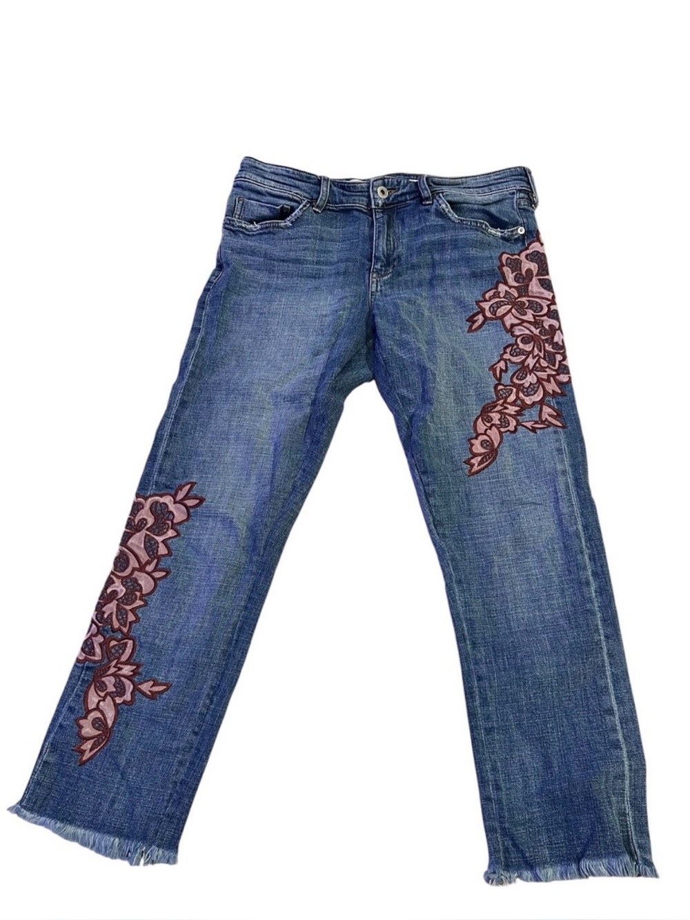 Anthropologie Blue Straight-Leg Jeans with Pink Floral Appliqué